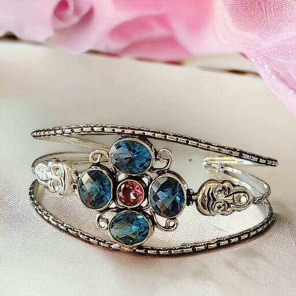 Wide Cuff Bracelet, Sky & Sunset Hues, Sterling Silver Cuff with Crystals 💖 - Picture 1 of 10